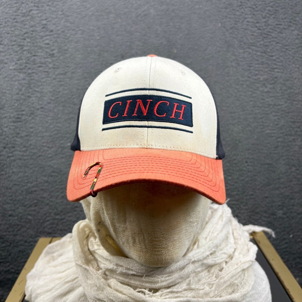 Cinch Mens Flexfit Hat L-XL Navy White Orange Embroidered Logo Baseball Cap